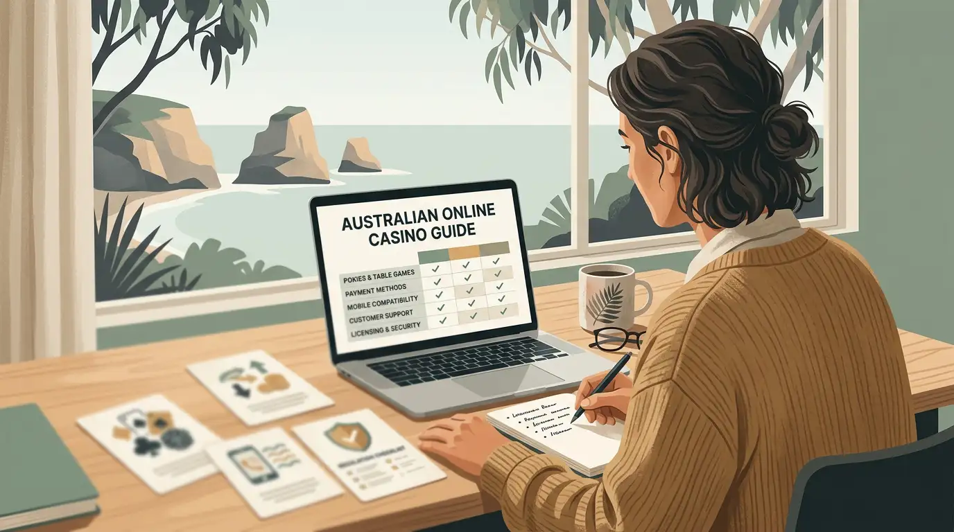 Editorial illustration of an Australian reader comparing online casino features