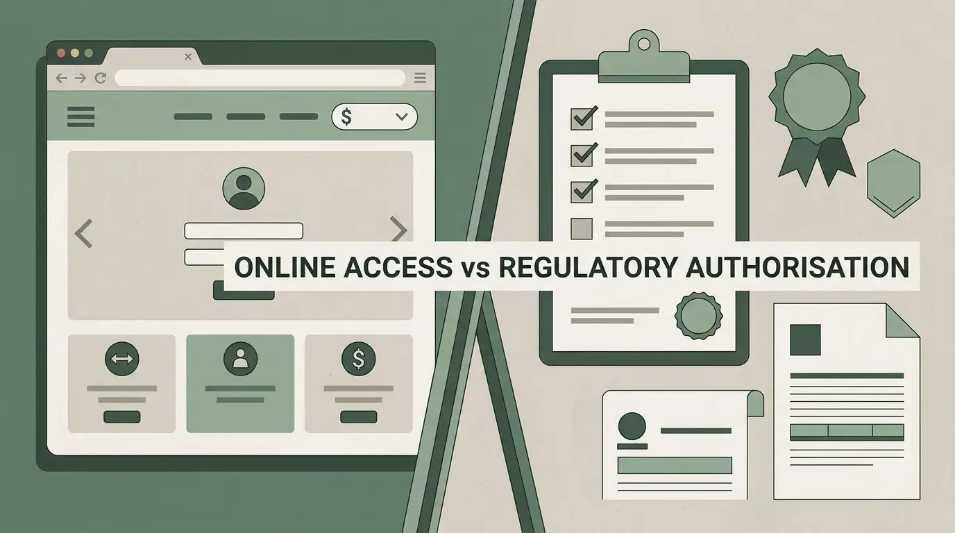 Editorial illustration comparing online service access with a regulatory checklist